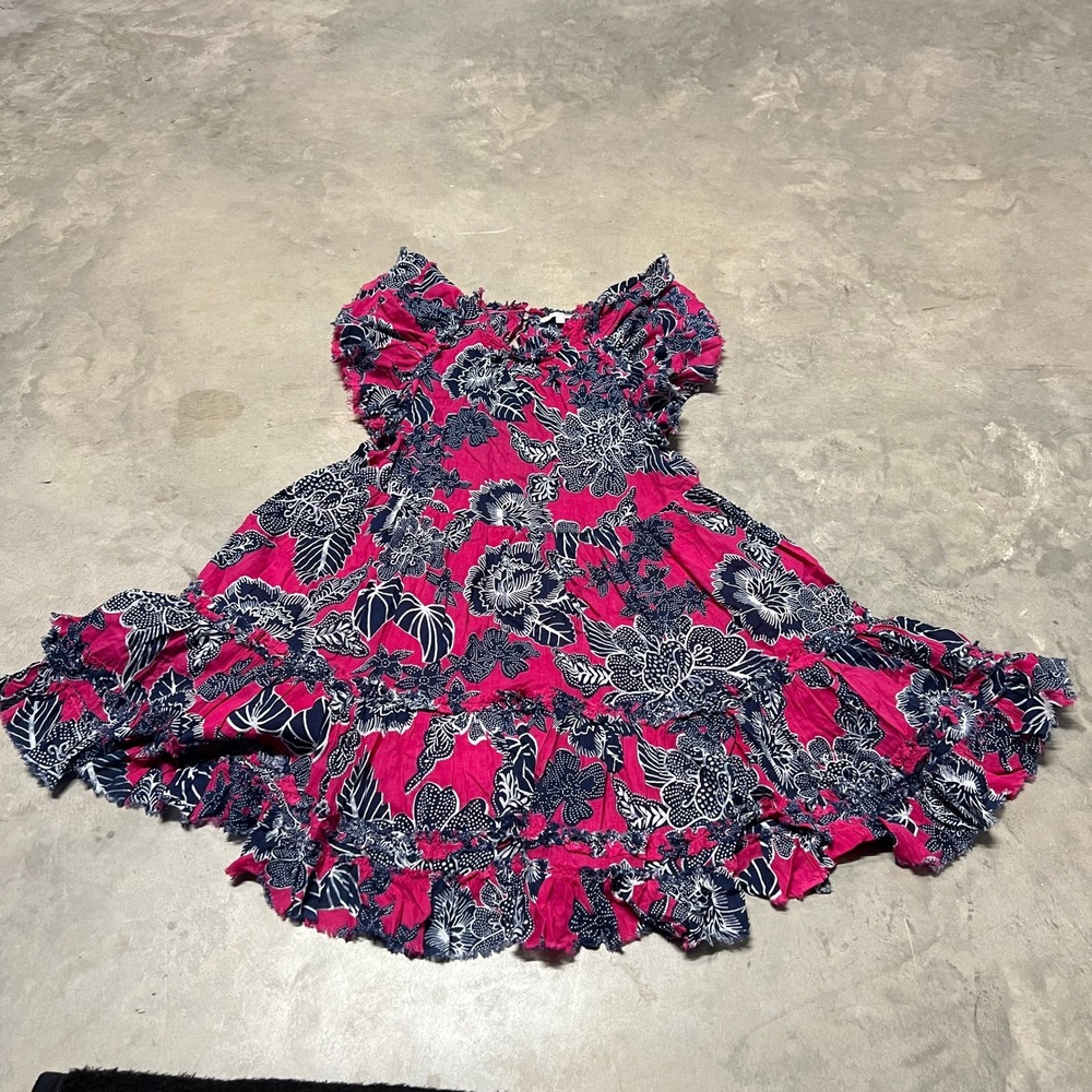 Love The Label Pink Navy Floral Cotton Tiered Ruffle Mini Dress Sz M LLF22-6931